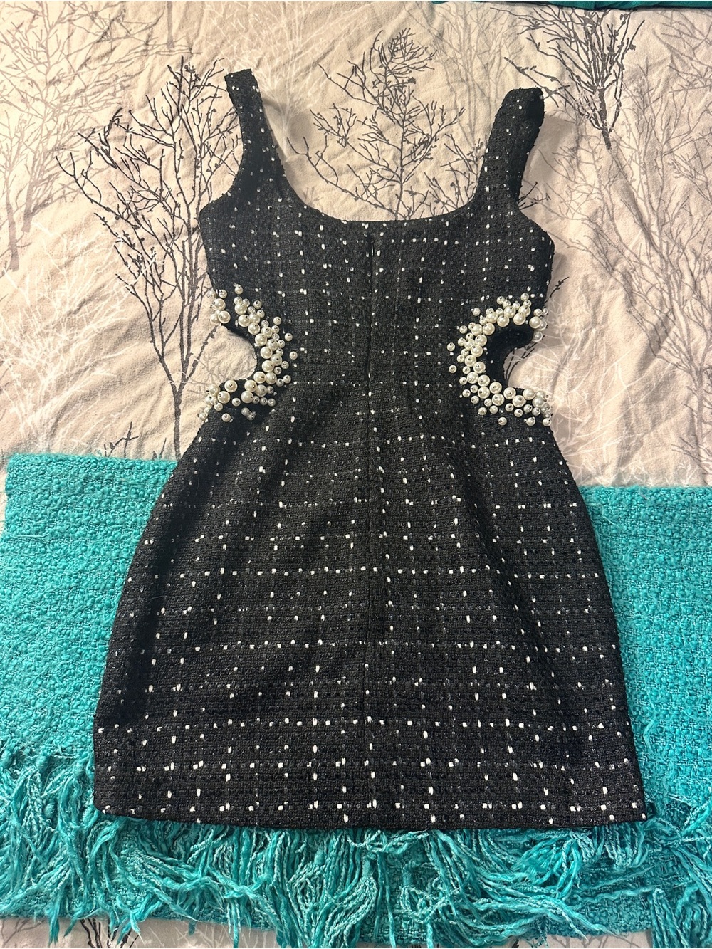 Zara Black Tweed Pearl-Embellished Mini Dress
